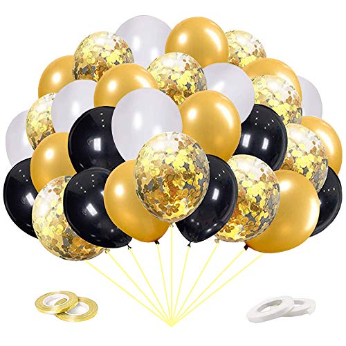 60 Piezas Globos Dorados,Globos Negros Blancos Globos Helio de Confeti para Decoraciones de Cumpleaños Aniversario Boda Ceremonias de Graduación Navidad Halloween Globos Fiesta