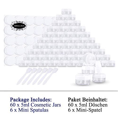 60 Piezas Tarros de Plástico, Contenedores Cosmético de Viaje Envases de Vacío Transparente con Tapas de Tornillo para Cosmética Crema Muestra, Polvo, Decoración de Uñas, 5g 5ml Blanco