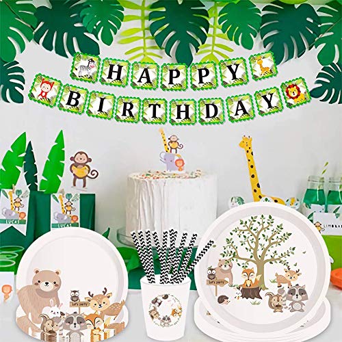 69pcs animales del bosque vajilla vajilla platos de papel servilletas vasos desechables cenas postres platos postres postres de papel para suministros de fiesta de cumpleaños bodas aniversarios