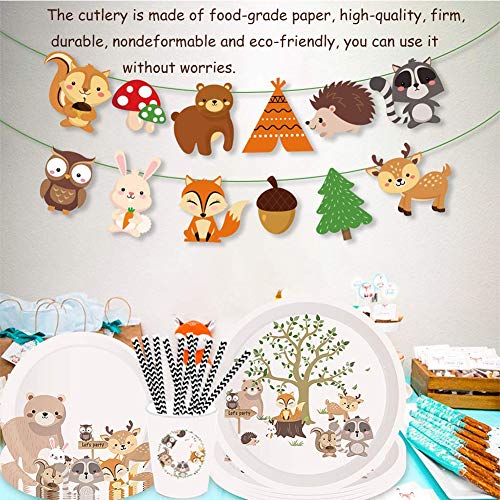 69pcs animales del bosque vajilla vajilla platos de papel servilletas vasos desechables cenas postres platos postres postres de papel para suministros de fiesta de cumpleaños bodas aniversarios