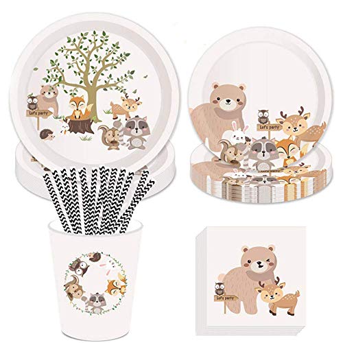 69pcs animales del bosque vajilla vajilla platos de papel servilletas vasos desechables cenas postres platos postres postres de papel para suministros de fiesta de cumpleaños bodas aniversarios