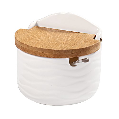 77L Azucarero, cuenco de cerámica blanca y tapa de bambú, perfecto para la cocina, incluye cuchara, diseño moderno, 254 ML (8.58 FL OZ)