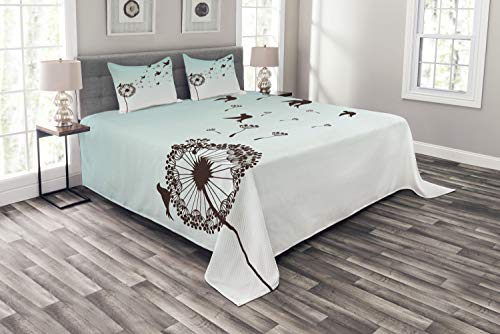ABAKUHAUS Arte Cubrecama, Arreglo Floral Diente de León Pétalos Palomas Volando Siluetas Fantasía Estampa, Estampa Resistente, 220 x 220 cm, Turquesa