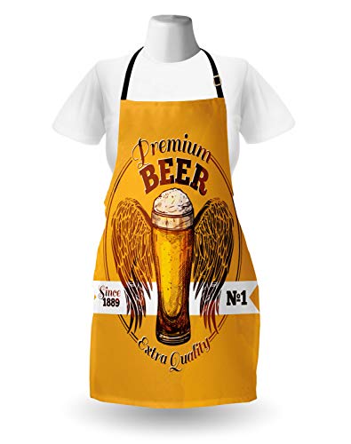 ABAKUHAUS Bar Delantal de Cocina, Prima de la Cerveza del gráfico del Grunge, Lavable Largo Ajustable Colores Nítidos Durables, Tierra Canela Amarillo