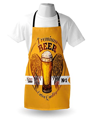 ABAKUHAUS Bar Delantal de Cocina, Prima de la Cerveza del gráfico del Grunge, Lavable Largo Ajustable Colores Nítidos Durables, Tierra Canela Amarillo