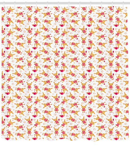 ABAKUHAUS Conejito Cortina de Baño, Chica con Bolso de Umbrella, Material Resistente al Agua Durable Estampa Digital, 175 x 220 cm, Salmón Mostaza Oscuro