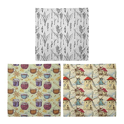 ABAKUHAUS Pack de 3 Bandanas Unisex, La cúrcuma ilustraciones de plantas de canela bolsas de té tarros Copas incompleto del molino de viento y de las nubes, Multicolor