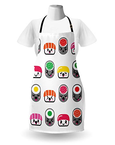 ABAKUHAUS Sushi Delantal de Cocina, Símbolos De Sushi De Kawaii Style, Los Colores No Destiñen Ajustable Estampa Digital, Multicolor