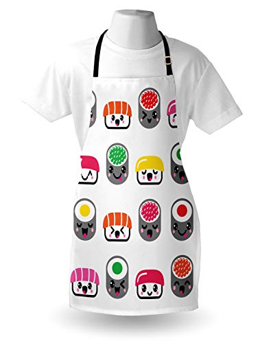 ABAKUHAUS Sushi Delantal de Cocina, Símbolos De Sushi De Kawaii Style, Los Colores No Destiñen Ajustable Estampa Digital, Multicolor