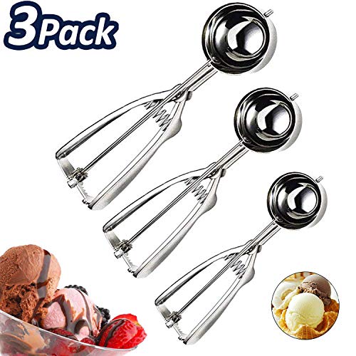 Acero inoxidable palas para helado,cuchara para galletas de acero inoxidable con gatillo fácil de liberar, incluye 3 tamaños: pequeño (4,3cm), mediano (4,4cm), grande (5,4cm),mejor para helado y fruta
