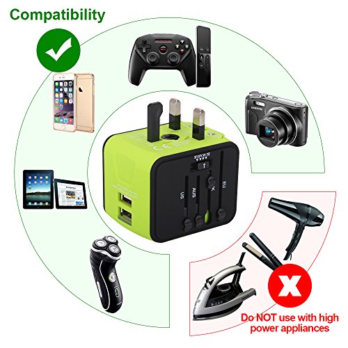 Adaptador de Viaje, Adaptador Enchufe Universal todo en uno Adaptador de Corriente Internacional con Dos USB cubre más de 150 Países Europa,Canadá,México ymás para Dispositivos Android y IOS- Milool