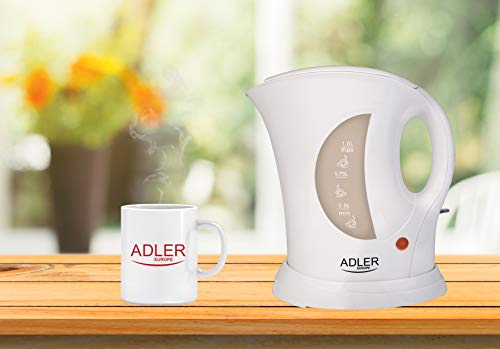 Adler AD 03 Hervidor de Agua, 900 W, 1 Liter, 0 Decibeles, Plástico, Blanco/Gris