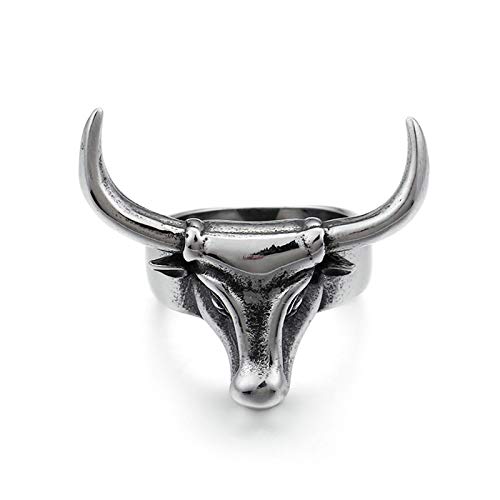 Aeici Anillo Hombre Hip Hop de Titanio Anillos Cabeza de Toro Ángulo Recto Anillos Plata Anillos Talla 17