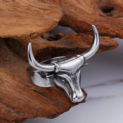 Aeici Anillo Hombre Hip Hop de Titanio Anillos Cabeza de Toro Ángulo Recto Anillos Plata Anillos Talla 17