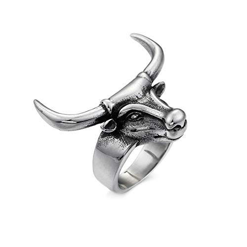 Aeici Anillo Hombre Hip Hop de Titanio Anillos Cabeza de Toro Ángulo Recto Anillos Plata Anillos Talla 17