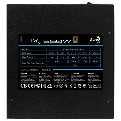 Aerocool LUX, fuente de alimentación 550W, 230V, 80Plus Bronze, eficiencia 88%+