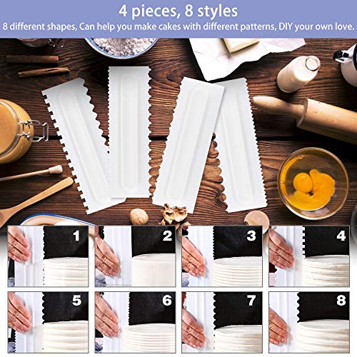 AFASOES 4 Piezas Rasquetas para Decoración de Pasteles Placa Giratoria Peine Pasteles para Decorar Tortas + 1x Boquilla para Decorar Tortas Rascador de Pasteles para Reposteria Tortas Pasteles