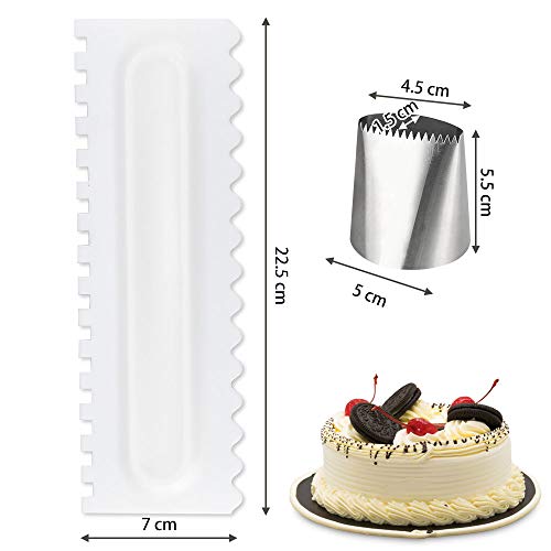 AFASOES 4 Piezas Rasquetas para Decoración de Pasteles Placa Giratoria Peine Pasteles para Decorar Tortas + 1x Boquilla para Decorar Tortas Rascador de Pasteles para Reposteria Tortas Pasteles