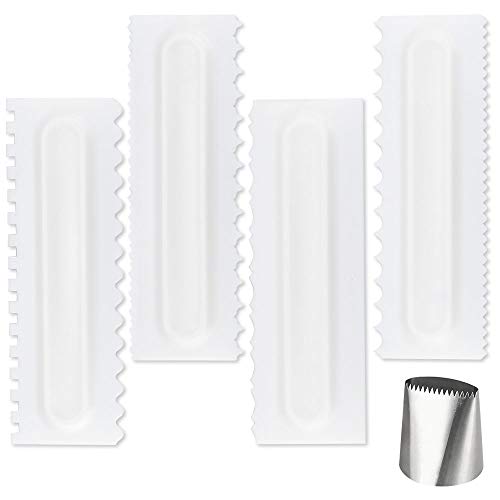 AFASOES 4 Piezas Rasquetas para Decoración de Pasteles Placa Giratoria Peine Pasteles para Decorar Tortas + 1x Boquilla para Decorar Tortas Rascador de Pasteles para Reposteria Tortas Pasteles