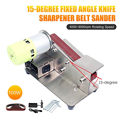 Afilador de cuchillos de ángulo fijo de 15 grados Lijadora de banda Pulidora ajustable de 7 niveles Máquina pulidora de 100 W con 10 piezas de cintas de lijado