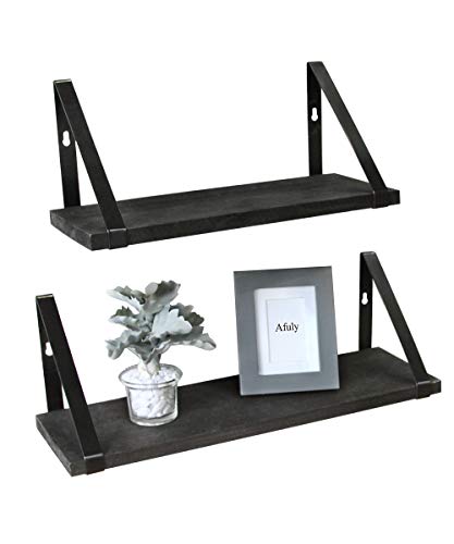 Afuly - Estantería flotante para pared, color negro, con soportes de metal, madera maciza natural, decoración rústica, para cuarto de baño, dormitorio, juego de 2