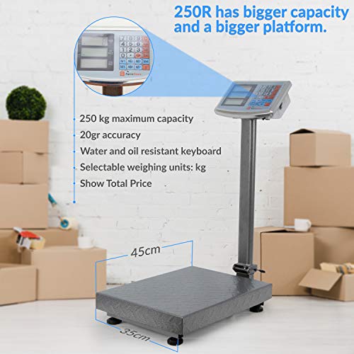 AgoraDirect - Báscula Industrial De Plataforma 250kg/20g, Plegable, Pantalla LCD Digital De Doble Cara, Plataforma De Acero Tratada Térmicamente 35x45cm, Balanza Industrial Para Paquetería