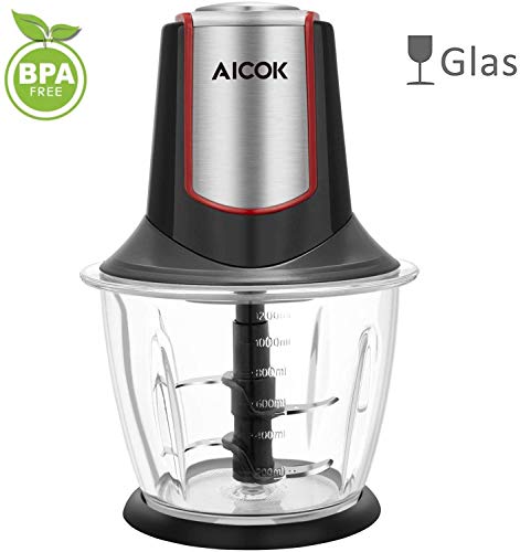 Aicok Picadora Electrica de Alimentos 1.2L Picadoras de Carne, Picadora Electrica con 4 Cuchillas de acero inoxidable, Procesador de Alimentos Adecuado para Frutas, Verduras, Carne, Especias, Negro