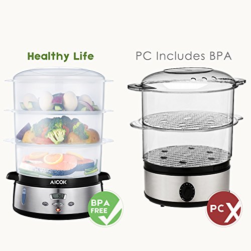AICOK Vaporera Eléctrica 800 W, 9 Litros Vaporera con Pantalla LCD, Temporizador Hasta 90 Minutos con parada automática, 3 Recipientes Independientes, Libre de BPA, Plata