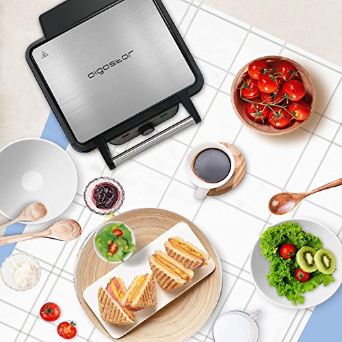 Aigostar Calore 30HHK - Grill, parrilla, sandwichera y máquina de panini, 1800 W de potencia, 2 placas de cocinado independientes antiadherentes, apertura 180º, temperatura regulable. Diseño exclusivo