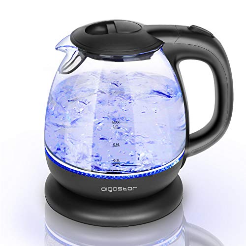 Aigostar Elfin 30IAX - Hervidor de agua eléctrico, vidrio de borosilicato, 2200W, iluminación LED, capacidad 1L, Rápida ebullición. Protección contra la ebullición en seco. Libre de BPA.