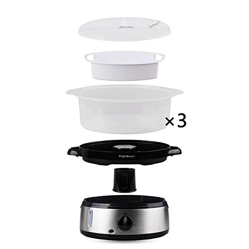 Aigostar Fitfoodie Steel - Vaporera eléctrica 800W, 3 recipientes Independientes (Capacidad Total 9l), Cuenco para Preparar arroz, Libre de BPA, Temporizador 60 Minutos y base en acero inoxidable.