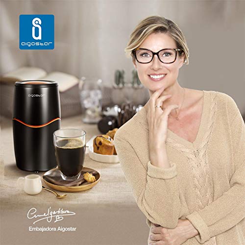 Aigostar Oval 30QOW - Molinillo compacto de café, especias, semillas, granos o frutos secos. 200W, capacidad 70gr. cuchillas de acero inoxidable antidesgaste, cepillo de limpieza. Libre de BPA.