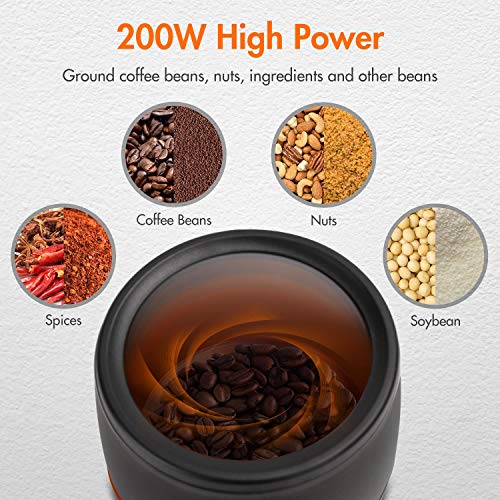 Aigostar Oval 30QOW - Molinillo compacto de café, especias, semillas, granos o frutos secos. 200W, capacidad 70gr. cuchillas de acero inoxidable antidesgaste, cepillo de limpieza. Libre de BPA.