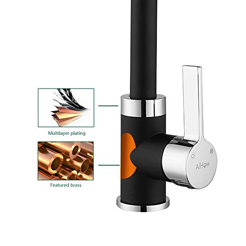 Aihom Grifo de Cocina Negro 360° Giratorio Grifo de Fregadero Cocina Grifo de Latón Monomando Fregadero Agua Fría y Caliente Grifo Moderno y Flexible