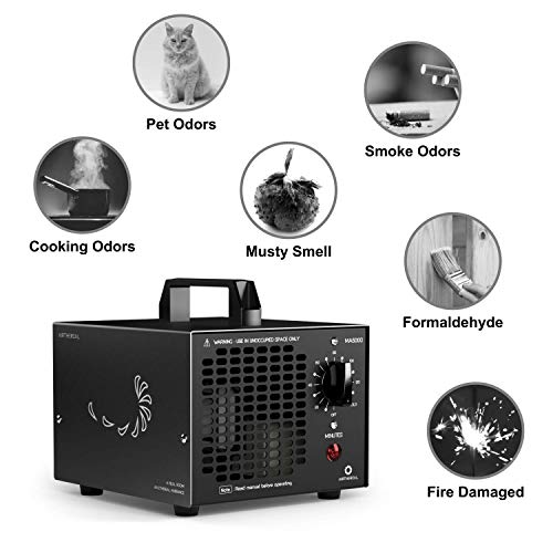 Airthereal MA5000 5.000mg / HR Generador de ozono Comercial Smell Killer con Temporizador para Habitaciones, Humo, Autos y Mascotas, Negro, 28 x 23 x 24 cm