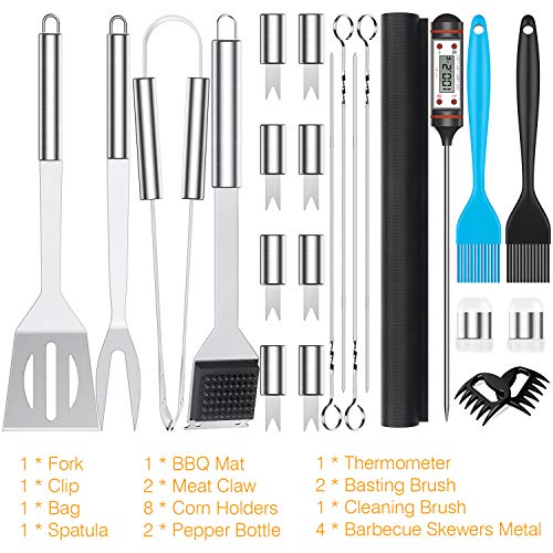 AISITIN Utensilios Barbacoa Accesorios Barbacoa 25 Piezas Kit Barbacoa Set Acero Inoxidable para Hombres Mujeres Camping Barbacoa