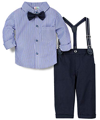 A&J DESIGN Conjunto Bebé Niño Camisa Pantalones Tirantes Traje con Pajarita (Azul Marino, 9-12 Meses)
