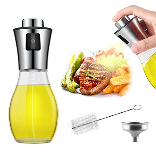 AJOXEL Pulverizador Aceite Dispensador de Aceite, Aceitera Spray Oil Sprayer 200 ml Vinagre/Aceite de Oliva con Embudo Acero Inoxidable Botella de Vidrio para Cocinar más Sano, Ensalada,Plancha
