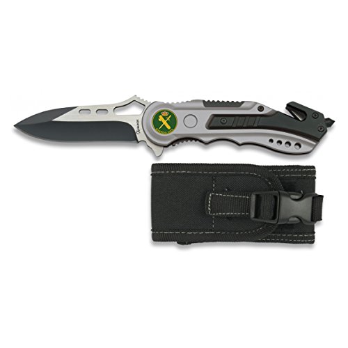 ALBAINOX 19461GR1010. Navaja seguridad gris sin sierra GUARDIA CIVIL. Mango de aluminio. Hoja de acero Inox. Hoja: 8.1 cm. Incluye punta rompevidrio, cutter cinturón de seguridad y funda de nylon