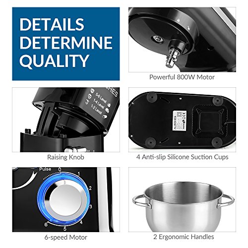 ALBOHES Batidora Amasadora, 6 Velocidades Kitchen Mixer Multifuncional, 3 Ganchos, Bajo Ruido, Robot de Cocina con Protector para Salpicaduras, Acero Inoxidable, Fácil de Limpiar, 5,5L, 800W