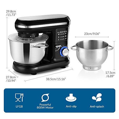 ALBOHES Batidora Amasadora, 6 Velocidades Kitchen Mixer Multifuncional, 3 Ganchos, Bajo Ruido, Robot de Cocina con Protector para Salpicaduras, Acero Inoxidable, Fácil de Limpiar, 5,5L, 800W