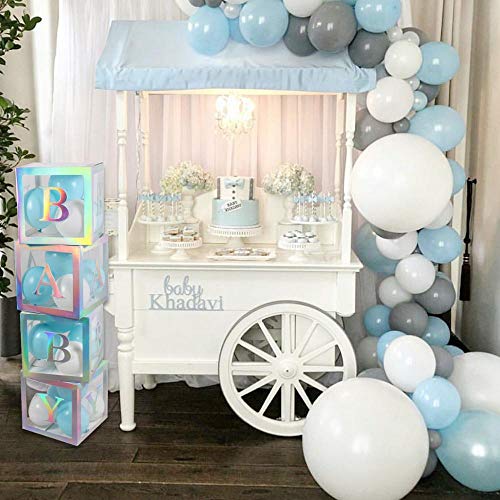 ALITREND Cajas para Baby Shower para Decoración de Fiestas, 4 Cajas de Globos Transparentes para Decoración de Bloques de Bebé con Letra para Revelar el Género Fiestas Niños y Niñas (Plata3)
