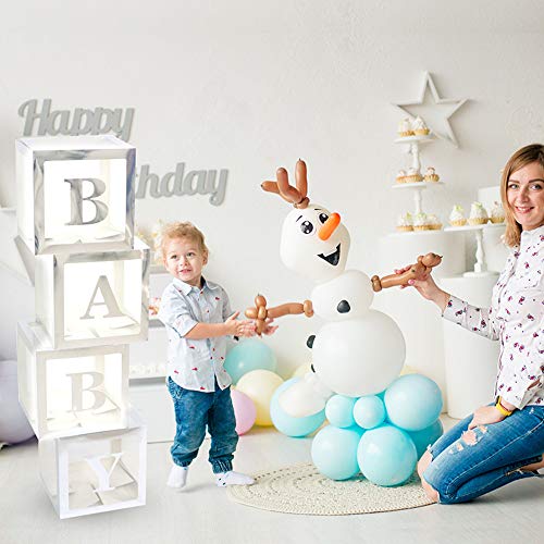 ALITREND Cajas para Baby Shower para Decoración de Fiestas, 4 Cajas de Globos Transparentes para Decoración de Bloques de Bebé con Letra para Revelar el Género Fiestas Niños y Niñas (Plata3)