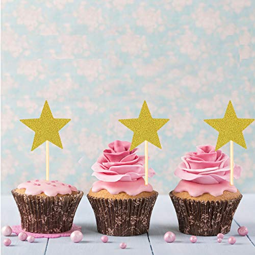 Allazone Decoraciones para Tarta, 1 Pz Oro Happy Birthday y 12 Pz Doradas Estrellas, Happy Birthday Topper Decoración para Cumpleaños Baby Shower Fiesta Temática