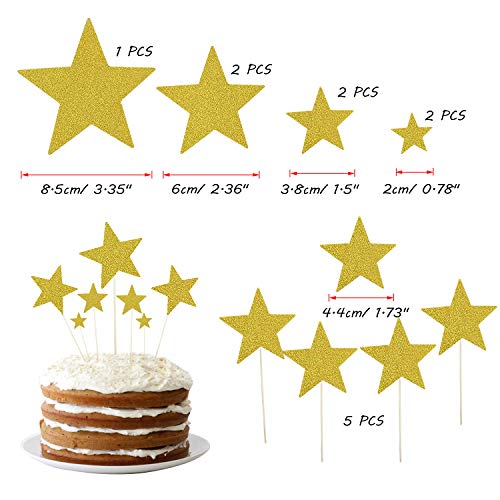 Allazone Decoraciones para Tarta, 1 Pz Oro Happy Birthday y 12 Pz Doradas Estrellas, Happy Birthday Topper Decoración para Cumpleaños Baby Shower Fiesta Temática