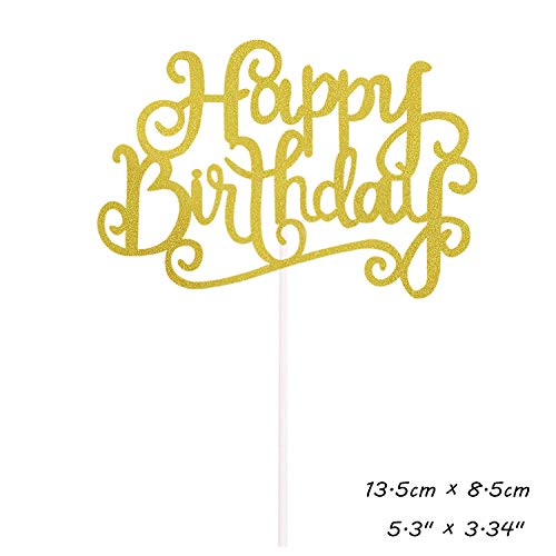Allazone Decoraciones para Tarta, 1 Pz Oro Happy Birthday y 12 Pz Doradas Estrellas, Happy Birthday Topper Decoración para Cumpleaños Baby Shower Fiesta Temática