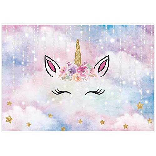AllEnjoy - Fondo de unicornio para fiesta de cumpleaños, acuarela, flores para niñas y baby shower de 7 x 5 pies, decoración de estrellas con purpurina, para tartas y mesas de fotos