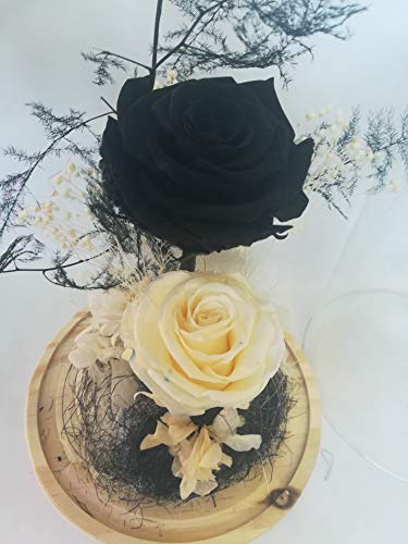 almaflor Rosas eternas Negra y Blanca. Cúpula de Cristal y Base de Madera Prime. Cúpula de Rosas eternas Negra y Blanca, Musgo liofilizado, Hortensia y Flores preservadas. Fabricado en España.
