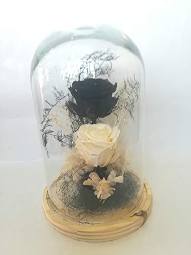 almaflor Rosas eternas Negra y Blanca. Cúpula de Cristal y Base de Madera Prime. Cúpula de Rosas eternas Negra y Blanca, Musgo liofilizado, Hortensia y Flores preservadas. Fabricado en España.