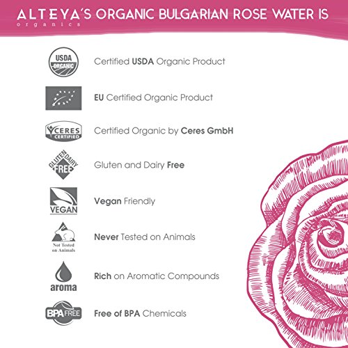 Alteya Organic Agua Floral de Rosa (Rosa Damascena) 200 ml – Spray (Vidrio) - 100% Puro Natural Bio con Certificado USDA, Vendido Directamente por el Cultivador y Destilador Alteya Organics